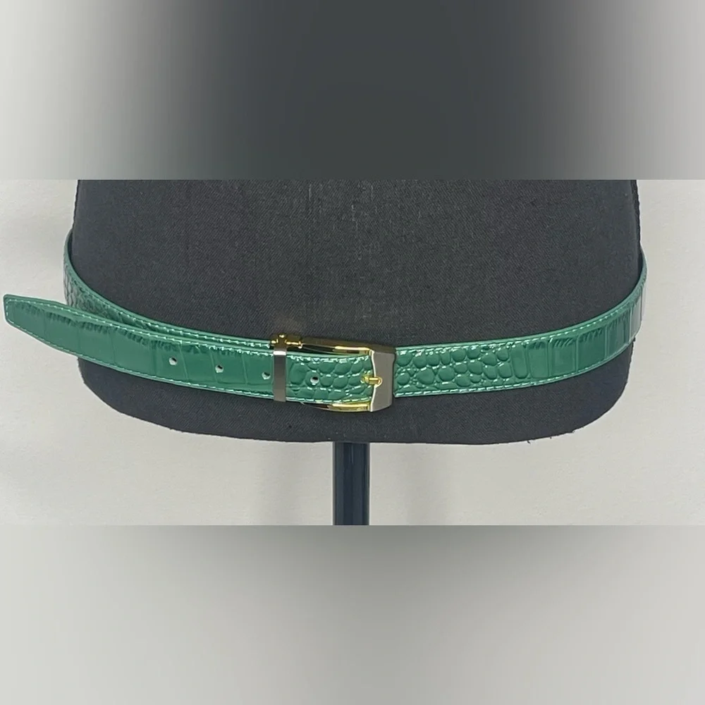 Green Croc-Embossed Belt with Gold Buckle